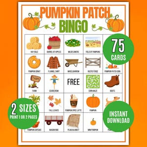 May include: A vibrant Pumpkin Patch Bingo game card featuring autumn imagery such as pumpkins, hay bales, and a scarecrow. The card includes the text "Pumpkin Patch Bingo", "75 Cards", "2 Sizes", and "Instant Download".