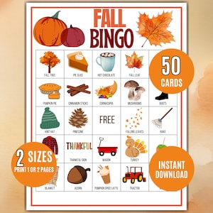 May include: A colorful fall-themed bingo game with illustrations of pumpkins, leaves, and seasonal items. The game includes 50 cards and is available in 2 sizes. The words "Fall Bingo" are displayed at the top.