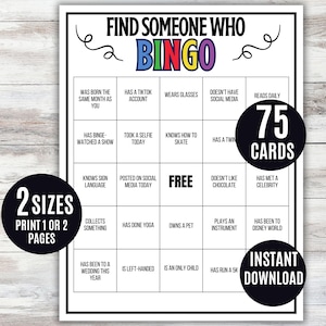 Może przedstawiać: Czarno-biała gra w Bingo do wydrukowania zatytułowana "Find Someone Who Bingo". Gra zawiera 75 kart i jest dostępna w 2 rozmiarach. Gra zawiera podpowiedzi takie jak "Ma konto na TikToku" i "Czyta codziennie."