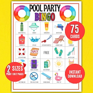 May include: A colourful "Pool Party Bingo" game board with summer-themed illustrations. Includes images of a water bottle, sunhat, sunscreen, water gun, and more. Features text that says "75 cards", "2 sizes", and "Instant Download".