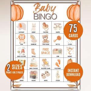 Bingo imprimible para baby shower de otoño, 75 tarjetas de bingo para baby shower de otoño, juego de calabaza para baby shower, actividad para celebrar el otoño con tu bebé
