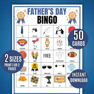 Afdrukbare vaderdagbingo, 50 vaderdagbingokaarten, Vaderdagactiviteit voor kinderen, kinderfeestje Vaderdag, klasspel