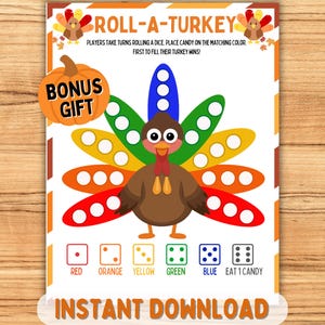 Roll A Turkey Game, Family Thanksgiving Printable Game Kids Table Game Roll-a-Turkey Dice Game Fun Thanksgiving Classroom Activity Printable