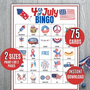 4 juli-bingo, 75 afdrukbare 4 juli-bingokaarten, kinderen afdrukbaar, patriottische bingo, 4 juli, 4 juli-spel, 4 juli-bingo