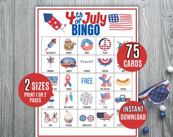 4th of July Bingo, 75 Printable 4th of July Bingo Cards, Kids Printable, Patriotic Bingo, 4th of July, 4th of July Game, July 4th Bingo