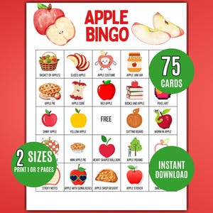May include: A colorful "Apple Bingo" game sheet with various apple-themed illustrations, including apples, apple slices, and apple pie. The game includes 75 cards and is available in 2 sizes. The words "Instant Download" are also visible.