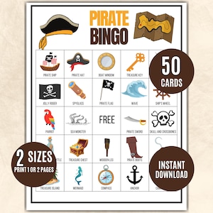 Puede incluir: Tarjeta de juego de Bingo Pirata con ilustraciones de elementos temáticos piratas como un barco pirata, un cofre del tesoro y Jolly Roger. La tarjeta incluye el texto "Pirate Bingo", "50 cartas", "2 tamaños" y "Descarga instantánea".