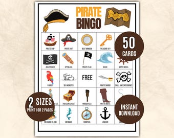 May include: Pirate Bingo game card with illustrations of pirate-themed items like a pirate ship, treasure chest, and Jolly Roger. The card includes the text "Pirate Bingo", "50 Cards", "2 Sizes", and "Instant Download".