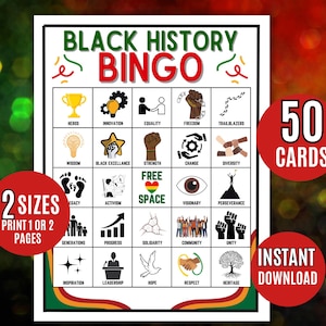 Black History Bingo, Black History Month bingospel, educatief, geschiedenis, afdrukbaar, klasactiviteit, groepsspellen, 50 kaarten