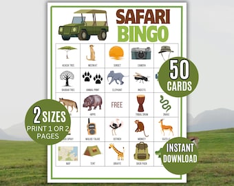 Bingo de Safari, 50 cartones de bingo de safari imprimibles, juego de aventura en la jungla, fiesta de animales, juego de safari para niños, bingo del zoológico imprimible