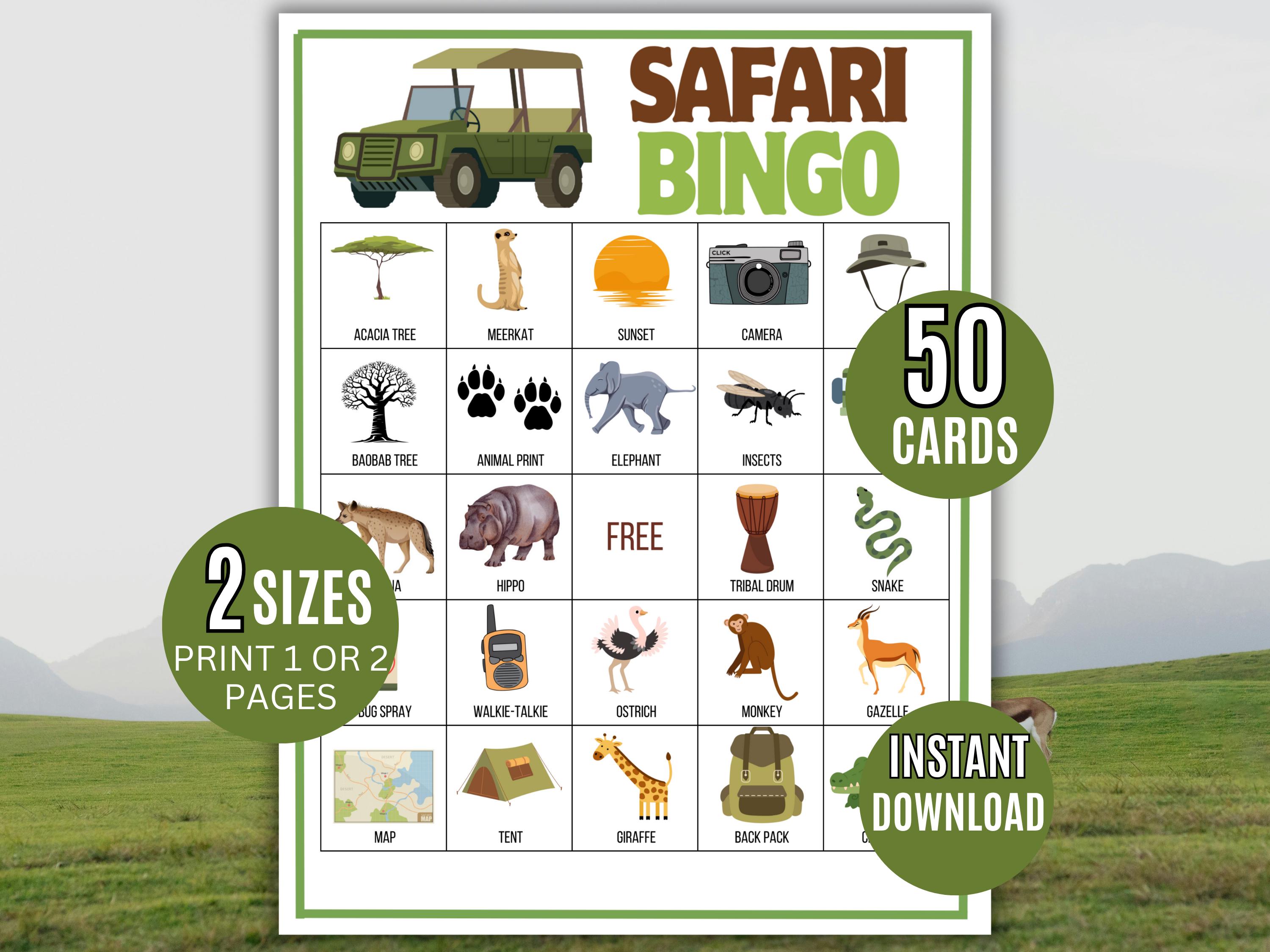 Safari Bingo, 50 Printable Safari Bingo Cards, Jungle Adventure Game ...