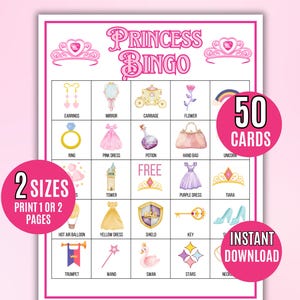 Bingo de Princesas, 50 Tarjetas de Bingo de Princesas Imprimibles, Cumpleaños de Princesas, Juego de Fiesta de Princesas, Fiesta de Cumpleaños de Princesas, Tema de Princesas