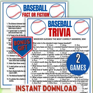 May include: Two baseball trivia games are displayed, featuring questions about baseball facts and trivia. The design includes baseball graphics and the text "Baseball Fact or Fiction" and "Baseball Trivia". The image also includes the text "Instant Download".