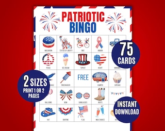 Patriotic Bingo, 75 Printable, Patriotic Bingo Cards, Kids Printable, 4th of July Bingo, Patriotic, Patriotic Game, Patriotic Bingo