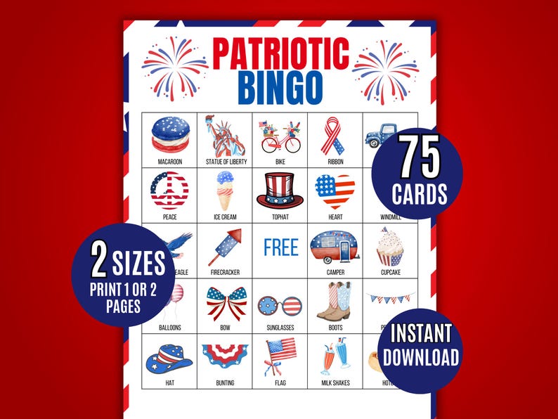 Patriotic Bingo, 75 Printable, Patriotic Bingo Cards, Kids Printable ...