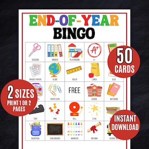 Bingo am Jahresende, 50 druckbare Bingokarten, druckbare Kinder, Schulsommer-Partyspiel, Bingo-Aktivität, Jahresendespiel, Schulbingo
