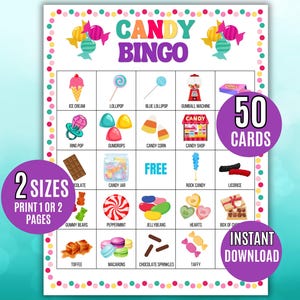 Snoepbingo, 50 afdrukbare snoepbingokaarten, snoepjesbingo, snoepactiviteit, snoepfeestspel, verjaardagsfeestje snoepthema, snoepbingo