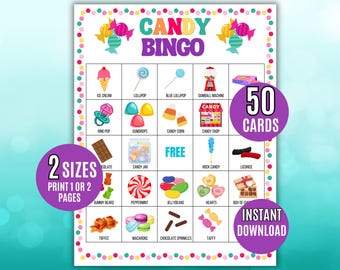 Candy Bingo, 50 Printable Candy Bingo Cards, Sweet Treats Bingo, Candy Activity, Candy Party Game, Candy Themed Birthday Party, Candy Bingo