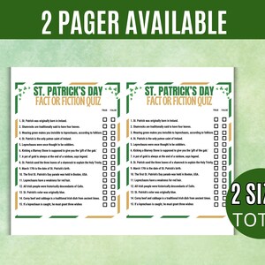 May include: A St. Patrick's Day Fact or Fiction Quiz, available in two sizes. The quiz has a green and gold border with shamrocks. The text reads "2 PAGER AVAILABLE" at the top and "2 SIZES TOTAL" at the bottom.
