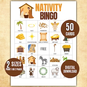 May include: A printable Nativity Bingo game with colorful illustrations of biblical scenes and characters. The game includes 50 cards and is available in two sizes. The title "Nativity Bingo" is displayed at the top.