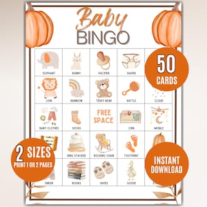 Könnte beinhalten: Baby Bingo Spielkarte mit Illustrationen von Babyartikeln wie einem Löwen, Teddybär und Socken. Die Karte enthält den Text "Baby Bingo" und "50 Karten". Zwei orangefarbene Kreise sagen "2 Größen" und "Sofort-Download".