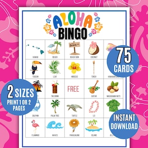 Bingo Aloha, 75 tarjetas de bingo imprimibles con temática hawaiana, imprimibles infantiles con temática de Luau, actividad de bingo tropical, juego de verano, bingo vacacional