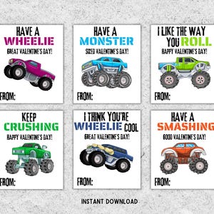 Cartões de Dia dos Namorados para Crianças Monster Truck para Imprimir, Cartões de Dia dos Namorados para Meninos, Presente de Dia dos Namorados para Pré-Escola, Etiquetas de Dia dos Namorados para Colegas de Escola, Creche