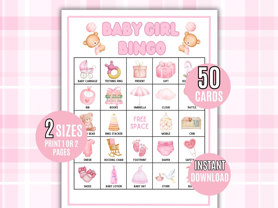 Baby Girl Bingo, 50 Baby Girl Bingo Game Cards, Baby Shower Bingo Game ...