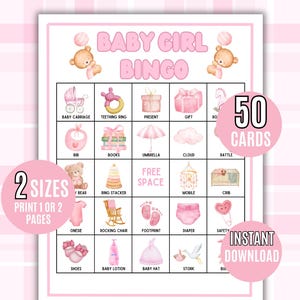 Bingo para niñas, 50 tarjetas de bingo para niñas, juego de bingo para baby shower, baby shower, actividad para baby shower, bingo imprimible para bebés, es una niña