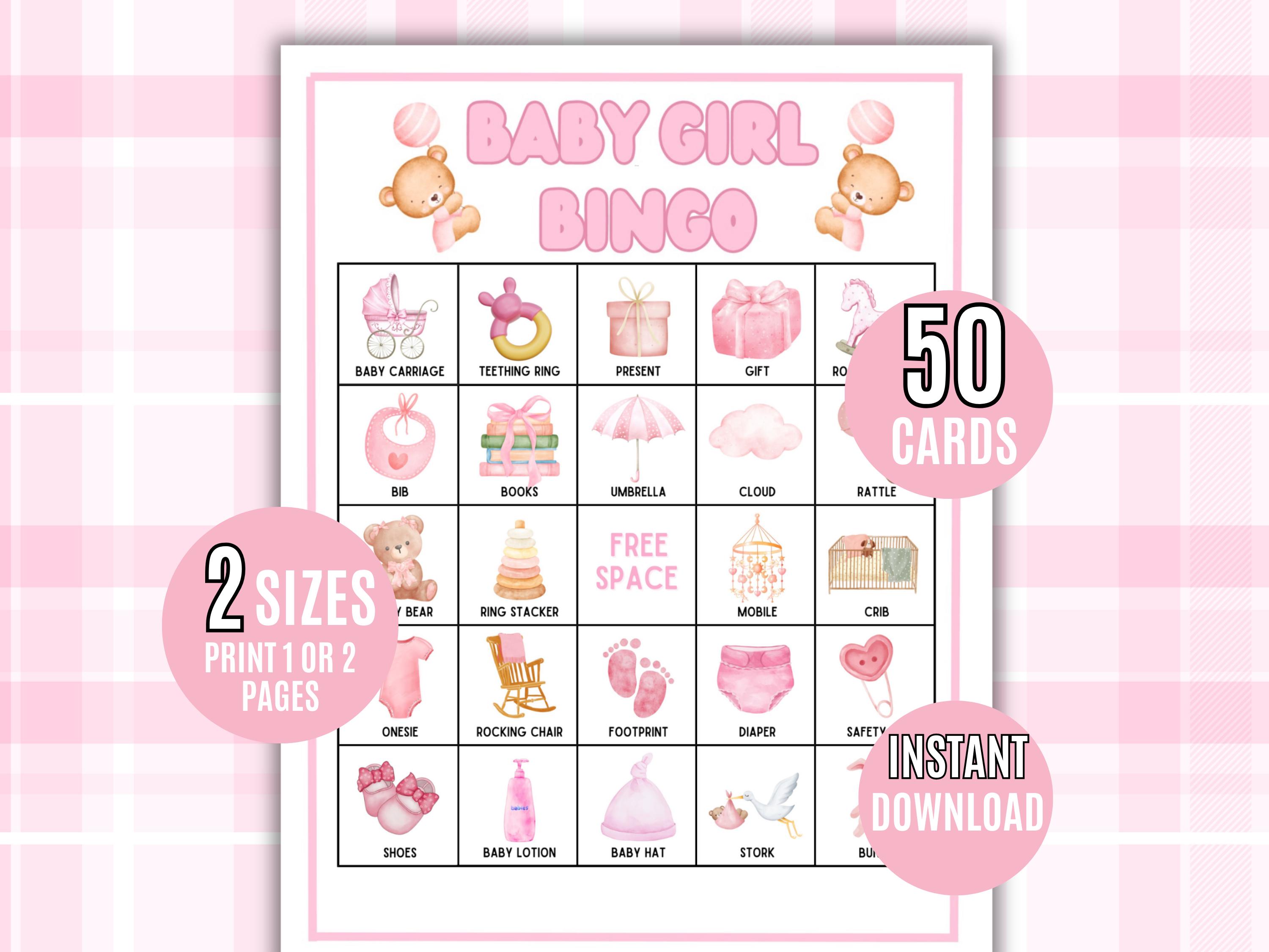 Baby Girl Bingo, 50 Baby Girl Bingo Game Cards, Baby Shower Bingo Game ...