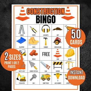 Bingo de Construcción, 50 Tarjetas de Bingo de Construcción Imprimibles, Bingo de Construcción para Cumpleaños, Juego de Construcción para Fiestas, Cumpleaños de Construcción