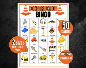 May include: Construction Bingo game featuring construction-themed illustrations. The game includes 50 cards and is available in 2 sizes. The words "Construction Bingo" are at the top of the image.