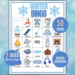 May include: A Winter Bingo game card with a blue and white theme. The card features winter-themed illustrations such as a snowman, ice skates, and a fireplace. Text includes "Winter Bingo", "50 Cards", "2 Sizes", and "Digital Download".