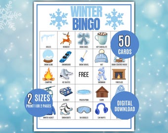 Winter Bingo, 50 Printable Winter Bingo Cards, Snow Day Game, Kids Winter Activity, Family Winter Party Game, Classroom Winter Fun
