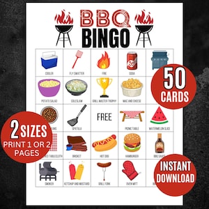 May include: A BBQ Bingo game card featuring illustrations of grilling items such as a cooler, hot dog, and hamburger. The card includes the text "BBQ Bingo", "50 Cards", "2 Sizes", and "Instant Download".