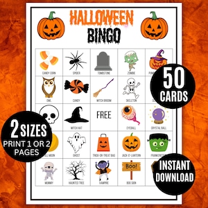 以下が含まれることがあります： ハロウィーンビンゴゲームカード。カボチャ、クモ、その他の不気味な画像が描かれています。カードには「ハロウィーンビンゴ」、「50枚のカード」、「2サイズ」と「インスタントダウンロード」の文字が含まれています。