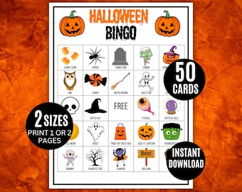 Halloween Bingo, 50 Printable Bingo Cards, Spooky Party Game, Classroom Halloween Activity, Kids Trick-or-Treat Bingo, Fall Festival Fun