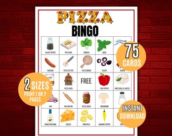 Bingo de pizza, 75 tarjetas imprimibles para fiestas de pizza, tarjetas de bingo con temática de pizza, juego de pizza, actividad de pizza, juego de bingo para niños, cumpleaños de pizza