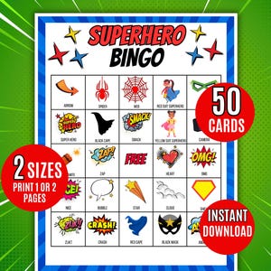 Bingo de super-heróis, 50 cartelas de bingo de super-heróis, jogo de aniversário de super-heróis, atividade de super-heróis, jogo de bingo para impressão infantil, jogo de bingo para crianças