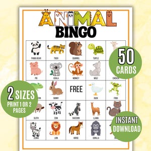 Animal Bingo Game, 50 Animal Bingo Cards Printable, Kids Printable, Zoo Bingo Game, Bingo Activity, Zoo Field Trip Game, Animal Themed Bingo
