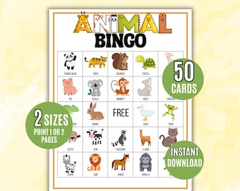 Animal Bingo Game, 50 Animal Bingo Cards Printable, Kids Printable, Zoo Bingo Game, Bingo Activity, Zoo Field Trip Game, Animal Themed Bingo