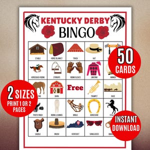 May include: A printable Kentucky Derby Bingo card with 50 cards included. The card features images of horses, saddles, hats, and other horse racing related items.