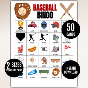 Baseball Bingo Printable: 50 Unique Cards, Sports Party Game (PDF Download