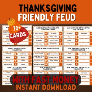 May include: Thanksgiving Friendly Feud game with 70+ cards. The game features various categories and answers related to Thanksgiving traditions, food, and shopping. The game includes the text "With Fast Money Instant Download."