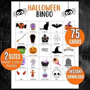 Bingo di Halloween stampabile, 75 cartelle da bingo spettrali, gioco per feste di Halloween in classe, attività &quot;dolcetto o scherzetto&quot;, divertimento autunnale per bambini e famiglie