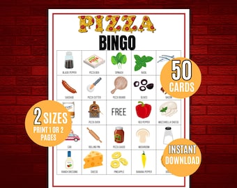 Bingo de pizza, 50 tarjetas imprimibles para fiestas de pizza, tarjetas de bingo con temática de pizza, juego de pizza, actividad de pizza, juego de bingo para niños, cumpleaños de pizza