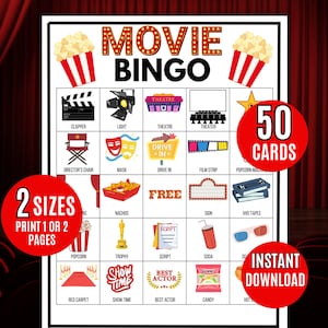 Bingo de películas, 50 cartones de bingo de películas, Bingo de actividades para una noche de películas, Bingo de cine, Juego de fiesta para una noche de películas, Juego para una noche de películas, Juego de películas, Pijamada