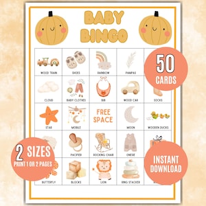 Juego de bingo de otoño para bebés, 50 tarjetas de bingo imprimibles para baby shower de otoño, actividad de calabaza para baby shower, celebración de otoño para bebés
