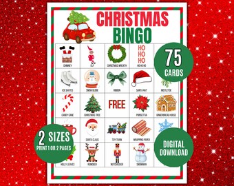 May include: A Christmas Bingo game card with a red and green border. The card features festive illustrations like a Christmas tree, Santa hat, and snowman. Text includes "Christmas Bingo", "75 Cards", "2 Sizes", and "Digital Download".