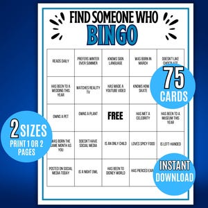 Könnte beinhalten: Eine druckbare Bingo-Spielkarte mit blauem und weißem Design. Die Karte enthält den Text "Find Someone Who Bingo" und enthält verschiedene Aufforderungen wie "Reads Daily" und "Has Been to a Wedding This Year". Enthält "75 Karten" und "2 Größen".